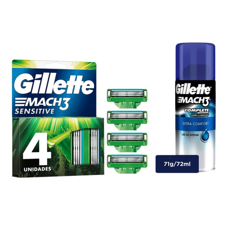 GILLETTE MACH3 SENSITIVE X 4 CARTUCHOS + GEL AFEITAR FRASCO X 72 GR (PROCTER)