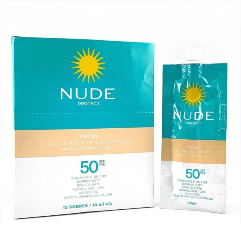 NUDE PROTEC FACIAL CON COLOR  SPF 50 CREMA CAJA X 12 SACHETS (PREBEL)