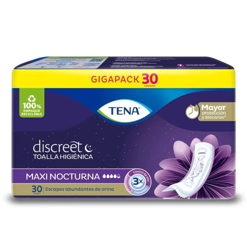 TENA DISCREET MAXI NIGHT TOALLAS PAQUETE X 30 UNIDADES (FAMILIA)